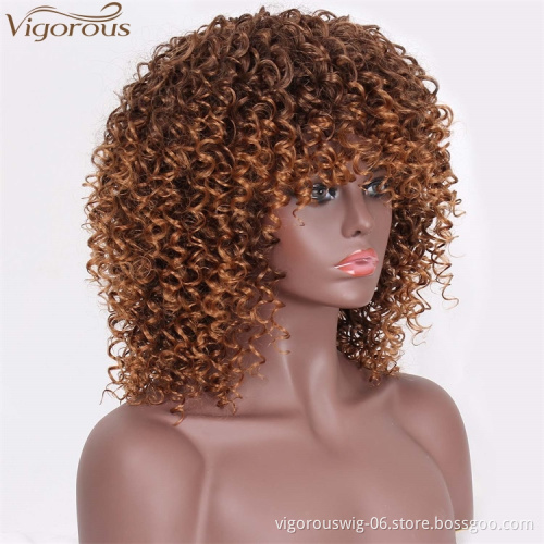 Vigorous Free Sample Short Length Glueless Wig Kinky Curly Ombre Brown Color Heat Resistant Fiber Synthetic Hair Wigs